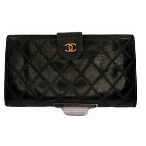 Chanel Black Quilted Lambskin Leather Long French Purse Wallet
